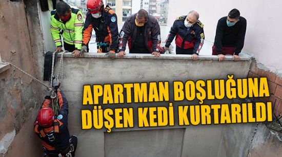 APARTMAN BOŞLUĞUNDAKİ KEDİYİ İTFAİYE KURTARDI