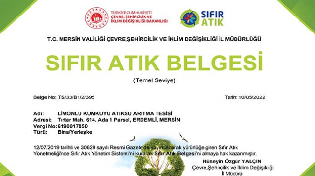 MESKİ’NİN ATIKSU ARITMA TESİSİNE “SIFIR ATIK BELGESİ” VERİLDİ