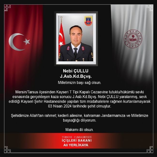 İçişleri Bakanı Yerlikaya'dan kazada şehit olan asker için taziye mesajı