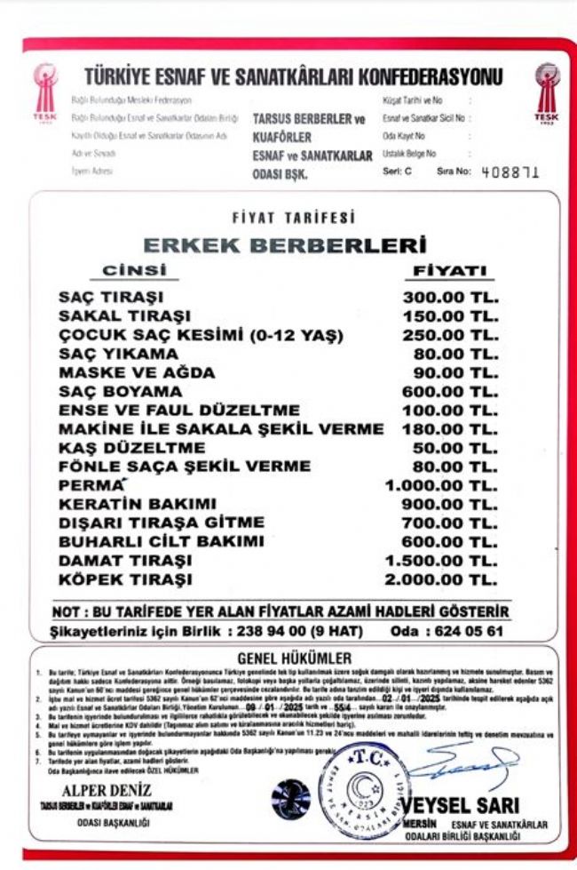 Tarsus'ta berber fiyat tarifesi güncellendi