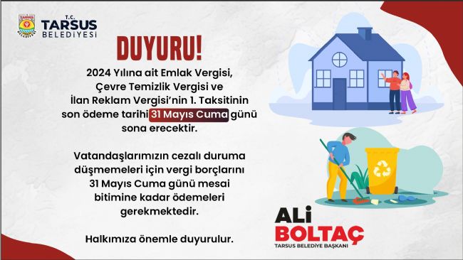 Tarsus Belediyesi’nden vergi ödemesi hatırlatması