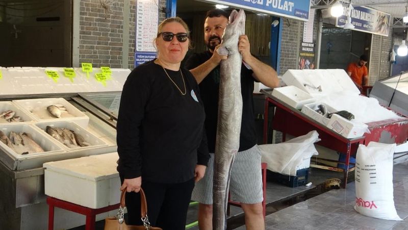 Mersin'de dev yılan balığı tezgahta ilgi odağı oldu