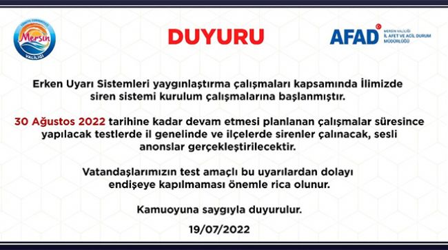 KENTTE İKAZ ALARM VE SİREN TESTLERİ YAPILACAK
